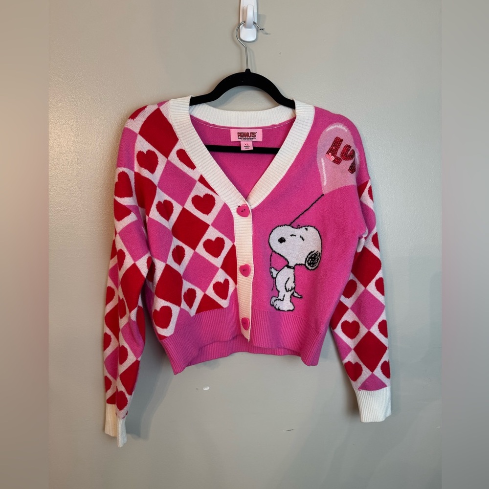 Peanuts Pink and Red Snoopy Heart Cardigan Sweater XS